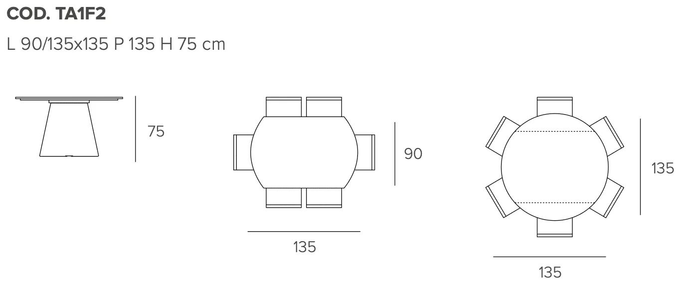 Размеры стола Target Point Tay, 90(135)x135 см, TA1F2